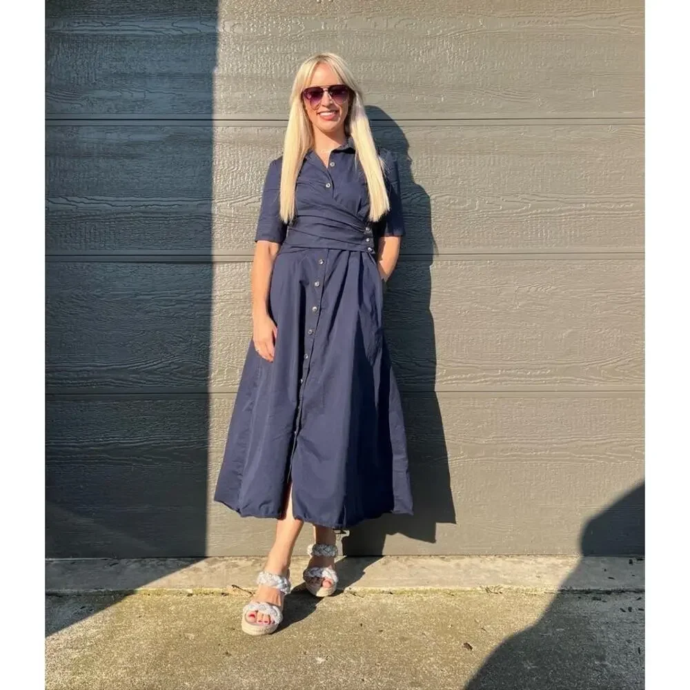 TORY BURCH Dark Blue 100% Cotton A-Line Short Sleeve Wrap Shirtdress Size 0